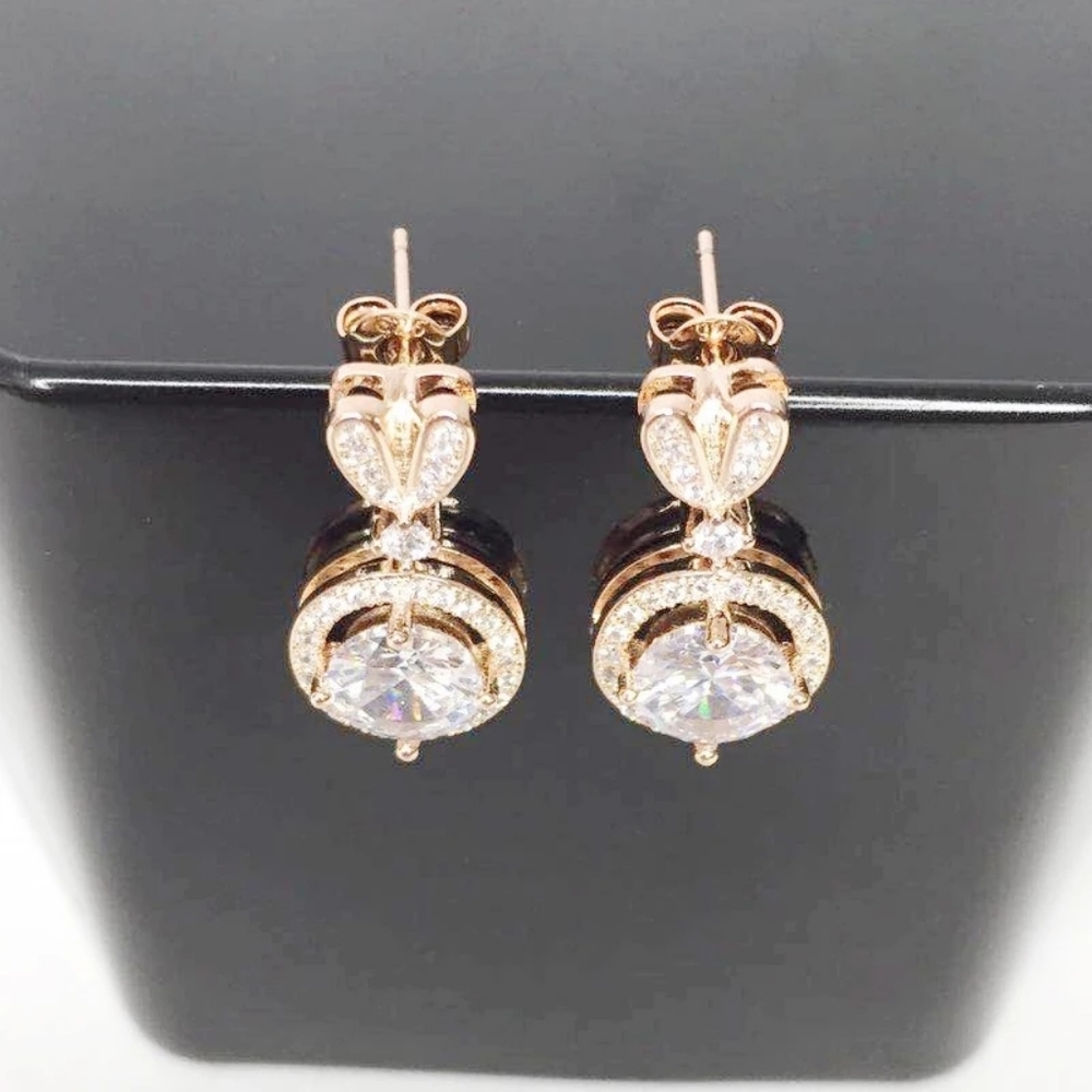 Gold Heart Stud with Round CZ Pendent Earrings - Picture 1 of 2